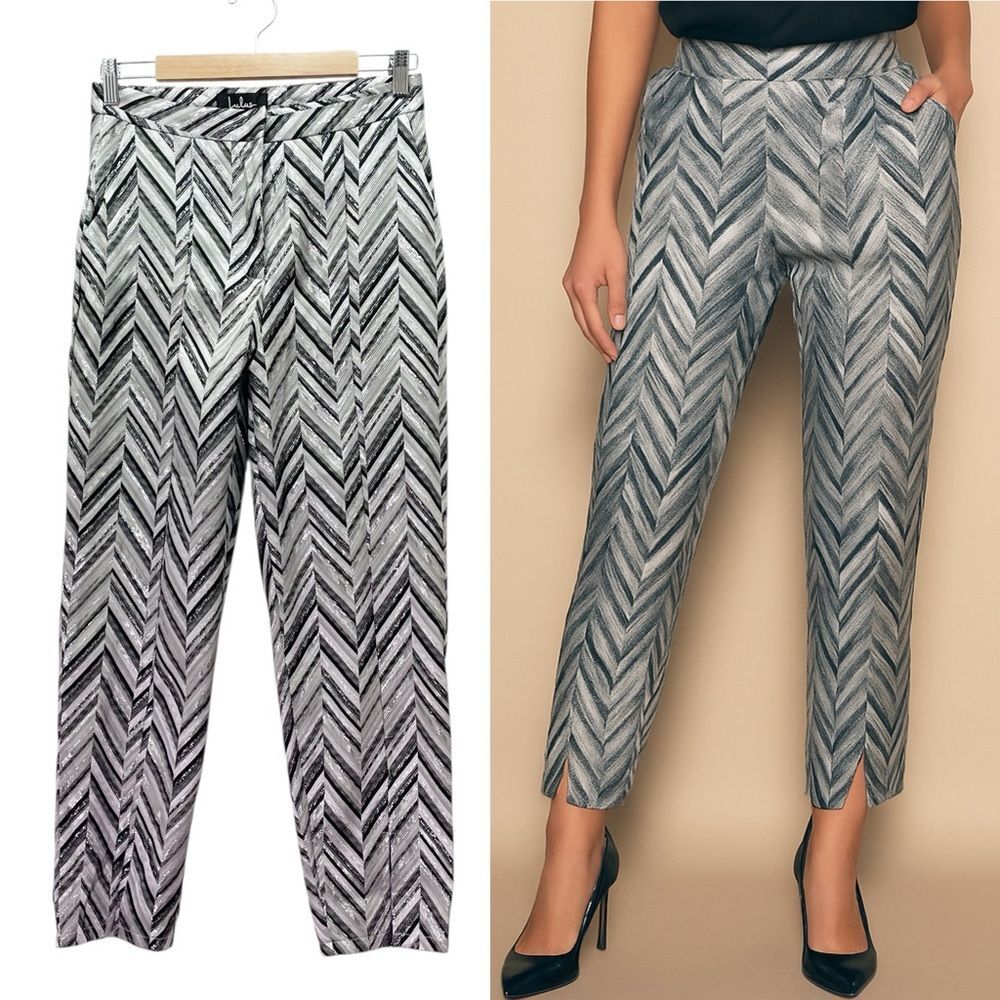 Lulus Creative Thinking Silver Black Metallic Zigzag High Waist Pants Sz Medium